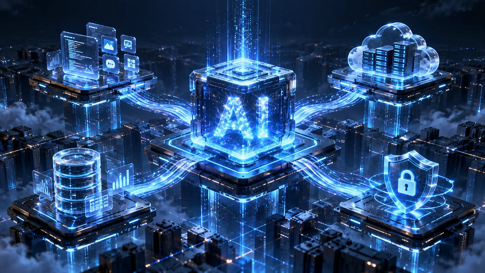 Glass platforms for applications, data, cloud, and security around a glowing AI cube.