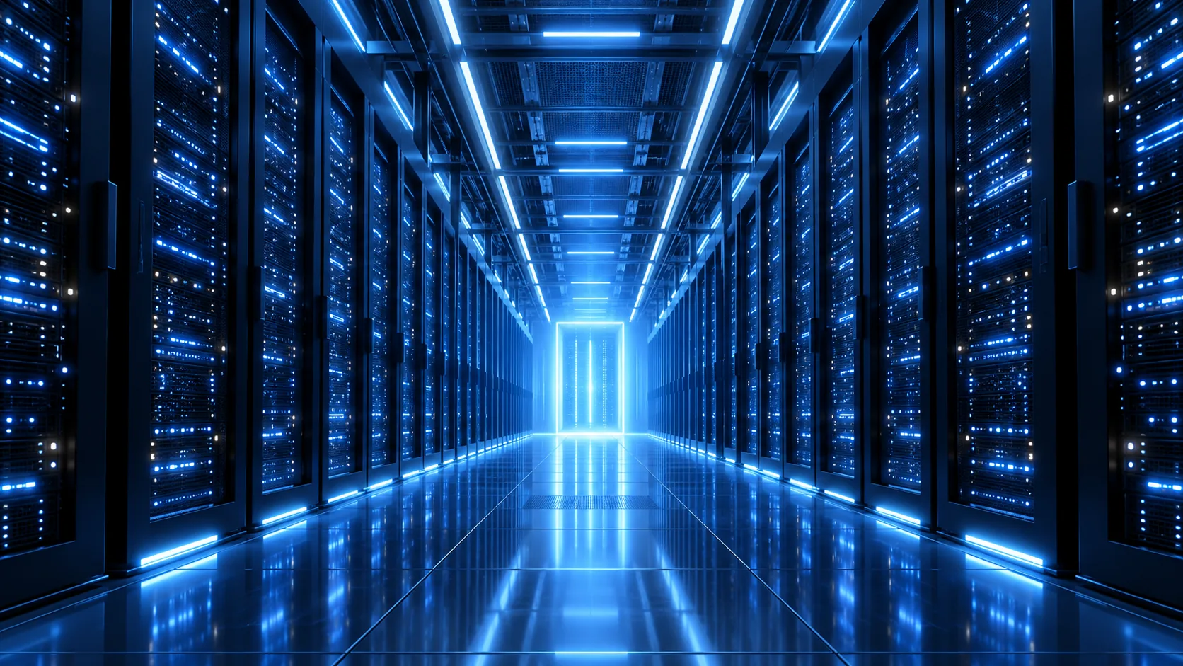 A server hall with blue light along a central aisle.